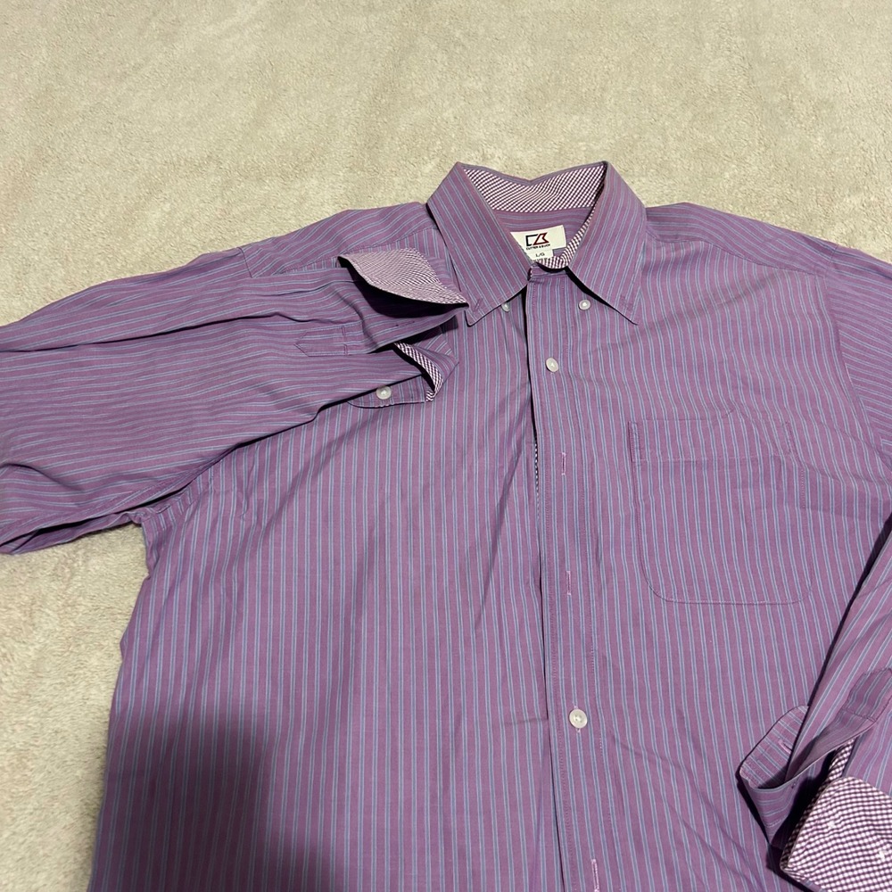 Cutter & Buck Button Down Shirt Mens L Purple Striped Contrast Cuffs L/S